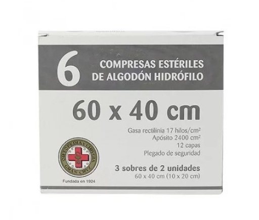 [IU-O322986] Gasas Estériles de Algodón Hidrófilo 17 Hilos 8 Capas de Gran Cruz 60 x 40 cm - Caja de 6 Compresas (3 Sobres de 2 Unidades)